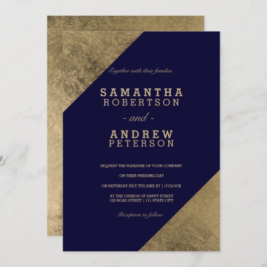 金ゴールドブルーフェイクエレガントなウェディングカラーブロック 招待状