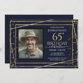 金ゴールドブルーフォト65th誕生日パーティー 招待状 (正面/裏面)