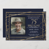 金ゴールドブルーフォト75th誕生日パーティー 招待状 (正面/裏面)