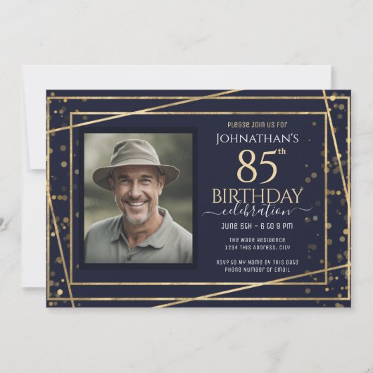 金ゴールドブルーフォト85th誕生日パーティー 招待状 (正面)