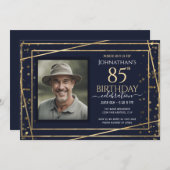 金ゴールドブルーフォト85th誕生日パーティー 招待状 (正面/裏面)