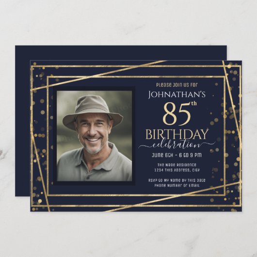 金ゴールドブルーフォト85th誕生日パーティー 招待状 (正面/裏面)