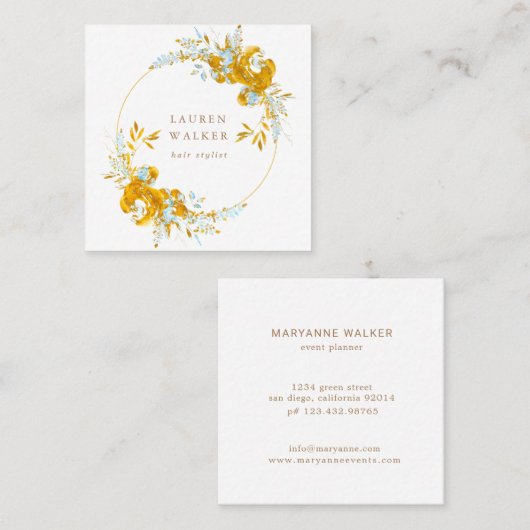 金ゴールドブルーフローラエレガント名刺 スクエア名刺 (正面/裏面)