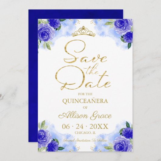 金ゴールドブルーフローラキンセアニェラ日付の保存 招待状 (正面/裏面)