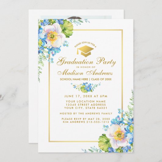 金ゴールドブルーフローラグラードパーティー招待状 – フォトバック 招待状 (正面/裏面)