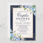 金ゴールドブルーフローラスパークルカップルシャワー 招待状 (正面)