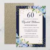 金ゴールドブルーフローラスパークル60誕生日招待状 招待状 (正面/裏面)