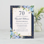 金ゴールドブルーフローラスパークル70誕生日招待状 招待状 (スタンド正面)