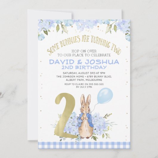金ゴールドブルーフローラピーターラビット2nd誕生日 招待状 (正面)