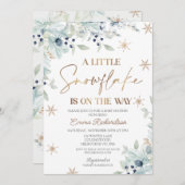 金ゴールドブルーフローラリトルスノーフレークベビーシャワー 招待状 (正面/裏面)