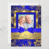 金ゴールドブルーフローラ写真50結婚周年記念 招待状 (正面)