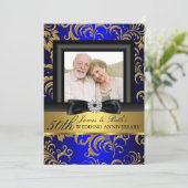 金ゴールドブルーフローラ写真50結婚周年記念 招待状 (スタンド正面)