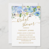 金ゴールドブルーフローラ水彩ブライダルシャワー招待状 招待状 (正面)