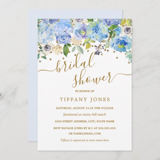 金ゴールドブルーフローラ水彩ブライダルシャワー招待状 招待状 (正面/裏面)