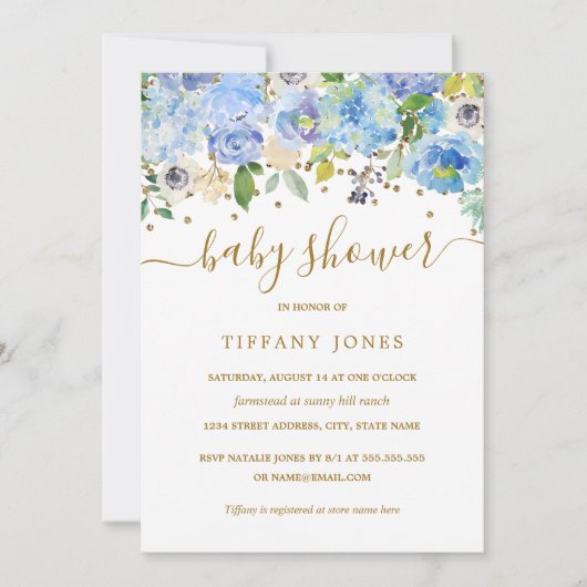 金ゴールドブルーフローラ水彩赤ちゃんシャワー招待状 招待状 (正面)