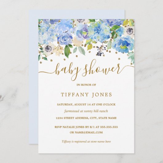 金ゴールドブルーフローラ水彩赤ちゃんシャワー招待状 招待状 (正面/裏面)