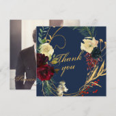 金ゴールドブルーブルガンディウォーターカラーフローラリースウェディン サンキューカード (正面/裏面)