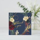 金ゴールドブルーブルガンディウォーターカラーフローラリースウェディン サンキューカード (スタンド正面)