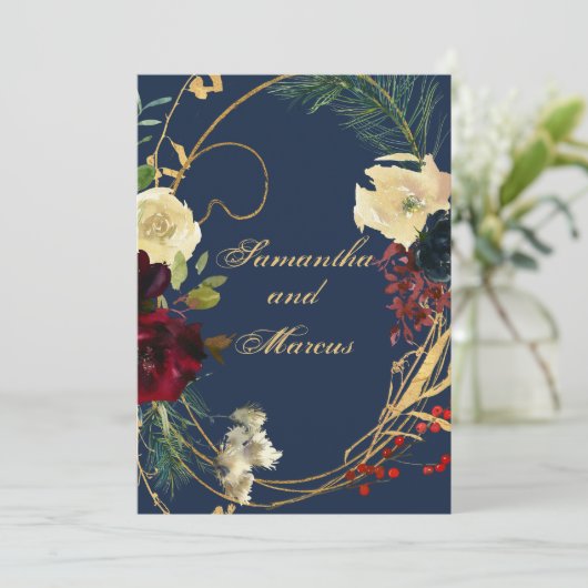 金ゴールドブルーブルガンディウォーターカラーフローラリースウェディン 招待状 (スタンド正面)