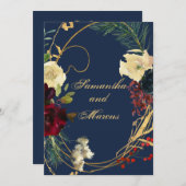 金ゴールドブルーブルガンディウォーターカラーフローラリースウェディン 招待状 (正面/裏面)