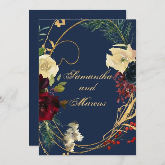 金ゴールドブルーブルガンディウォーターカラーフローラリースウェディン 招待状 (正面/裏面)