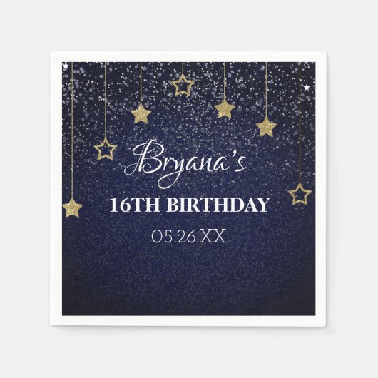 金ゴールドブループロムアンダースターズスターリーナイト誕生日 スタンダードカクテルナプキン (正面)