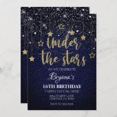 金ゴールドブループロムアンダースターズスターリーナイト誕生日 招待状 (正面/裏面)