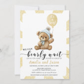 金ゴールドブルーベアバルーン男の子のシャワー招待 招待状 (正面)
