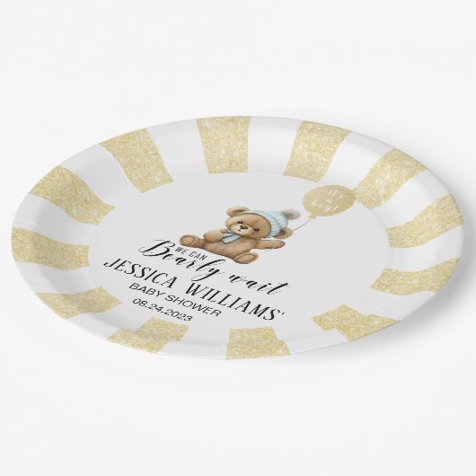 金ゴールドブルーベアーバルーンベビーシャワー紙プレート ペーパープレート (アングル)