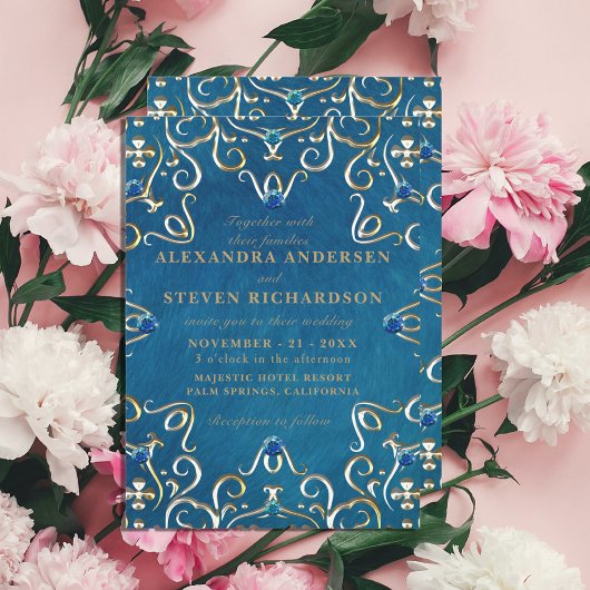 金ゴールドブルーベルベットクラシーラグジュアリー結婚式招待状 招待状