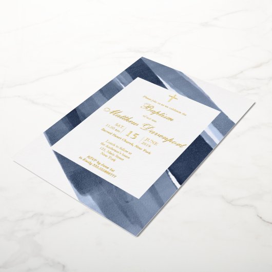 金ゴールドブルーボーイバプティスフォイル招待状 箔招待状 (回転した状態)