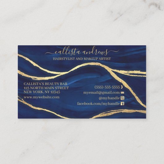 金ゴールドブルーマーブルシグネチャースクリプトメイクアップヘアバス 名刺 (裏面)