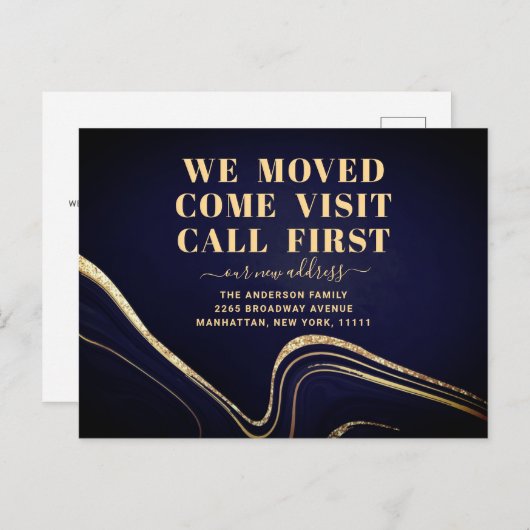 金ゴールドブルーマーブル新住所引越案内 ポストカード (正面/裏面)