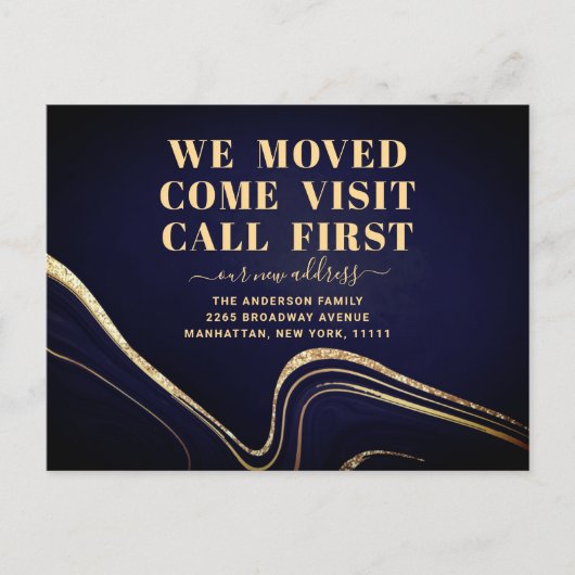 金ゴールドブルーマーブル新住所引越案内 ポストカード (正面)