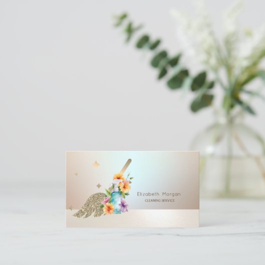 金ゴールドブルームハウスクリーニングサービススプレーボトル 名刺 (スタンド正面)