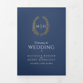 金ゴールドブルーモノグラムリース献納結婚の 三つ折りプログラム (カバー)