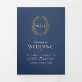 金ゴールドブルーモノグラムリース献納結婚の 三つ折りプログラム