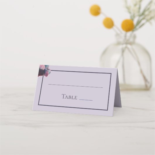 金ゴールドブルーラベンダーパープルアジサイ結婚ズテーブル プレイスカード (裏面)