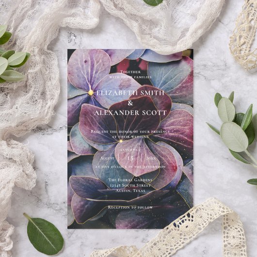 金ゴールドブルーラベンダーパープルアジサイ結婚ズ写真 招待状