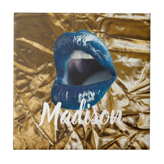 金ゴールドブルーリップメイクアップ美しいカスタムパーソナライズされたC タイル (正面)