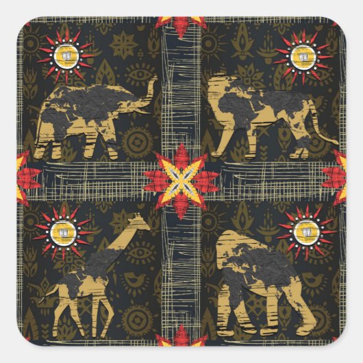 金ゴールドブルーレッドサファリワールドマップアフリカ動物 スクエアシール (正面)