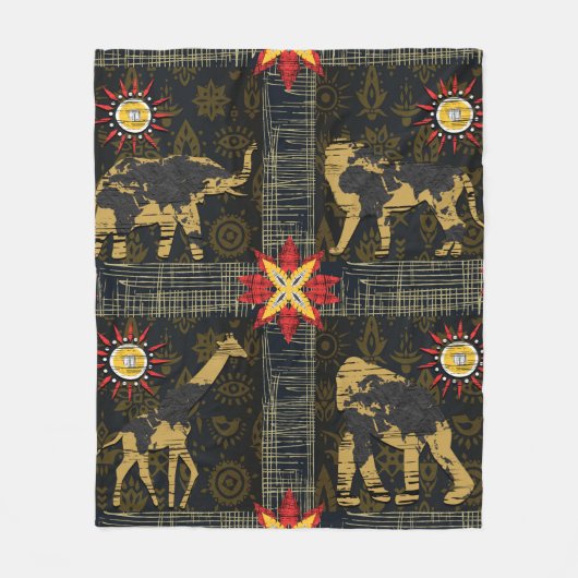 金ゴールドブルーレッドサファリワールドマップアフリカ動物 フリースブランケット (正面)