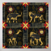 金ゴールドブルーレッドサファリワールドマップアフリカ動物 ポスター (正面)