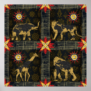 金ゴールドブルーレッドサファリワールドマップアフリカ動物 ポスター