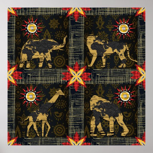 金ゴールドブルーレッドサファリワールドマップアフリカ動物 ポスター (正面)