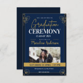 金ゴールドブルーヴィンテージクラシック卒業 招待状 (正面/裏面)