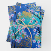 金ゴールドブルーヴィンテージ日本の着物フローラの切り離 ラッピングペーパーシート (インサイチュ)