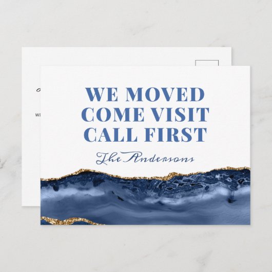 金ゴールドブルー大理石の新しいアドレスの移動告知 ポストカード (正面/裏面)