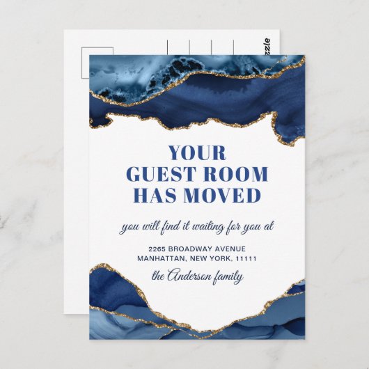金ゴールドブルー大理石の新しいアドレスの移動告知 ポストカード (正面/裏面)