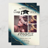 金ゴールドブルー瑪瑙の卒業パーティー3写真 招待状 (正面/裏面)